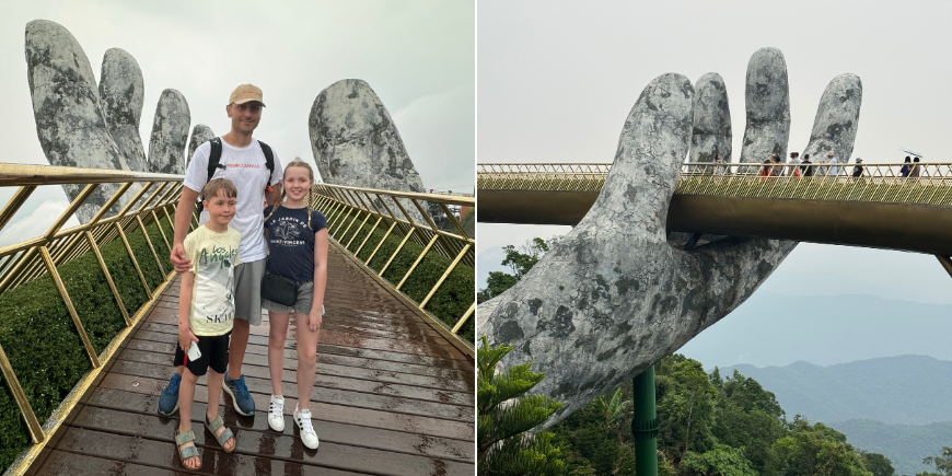 Wir wandern auf der Brücke in der Höhe