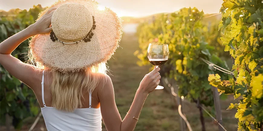 Frau mit einem Glas Wein im Weinberg in Afrika